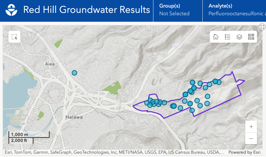 PFAS Map -- Detections of PFOA and PFOS in the groundwater underneath the Navy's Red Hill fuel storage complex. (Source: EPA/2024)